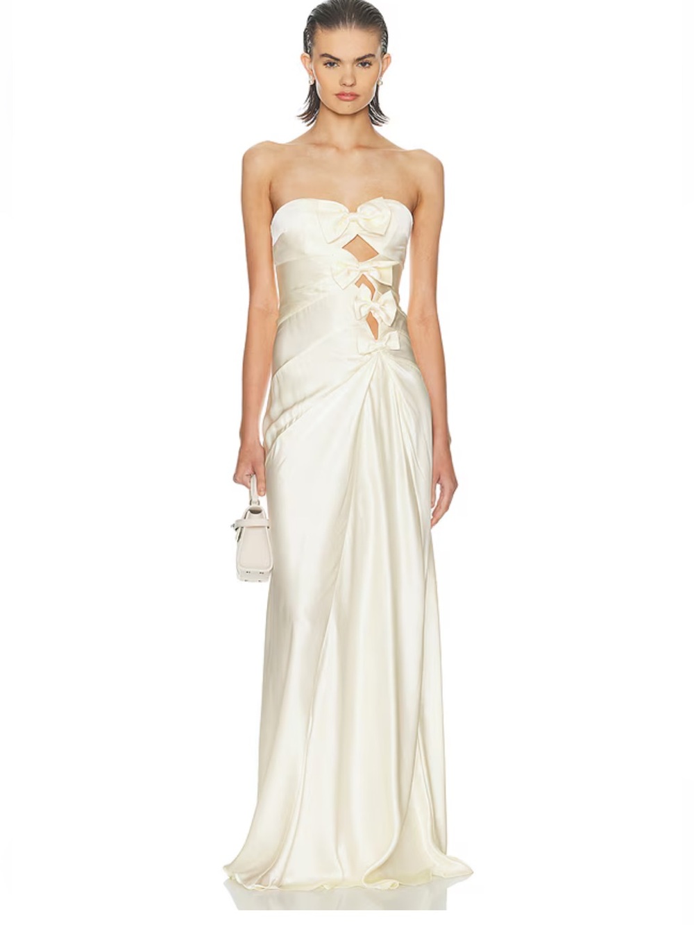 HELSA The Silk Faye Dress Egg Shell Strapless Ivory Satin bow Gown Revolve S - Picture 1 of 10